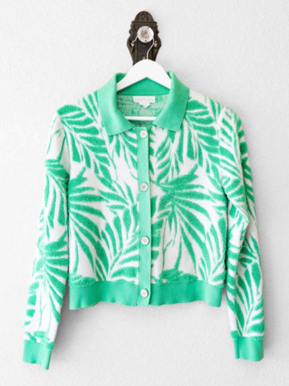 Cynthia Rowley Palm Leaf Cardigan Green White Tropical Sweater Medium - Picture 1 of 12
